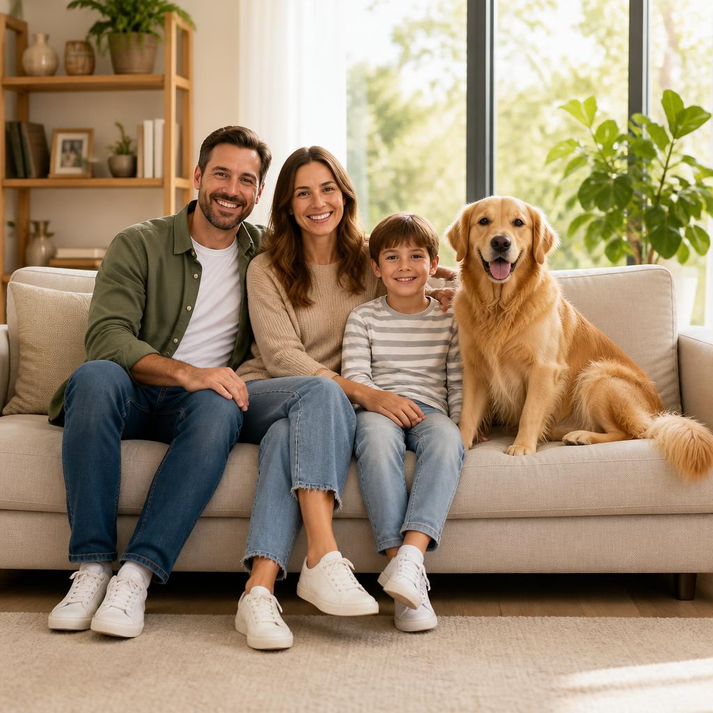 Happy family with a dog on a clean sofa