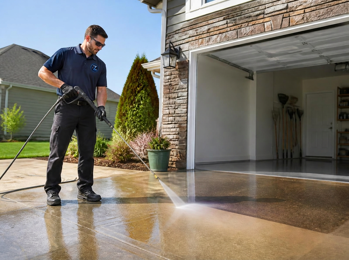Pressure washing garage floor and driveway