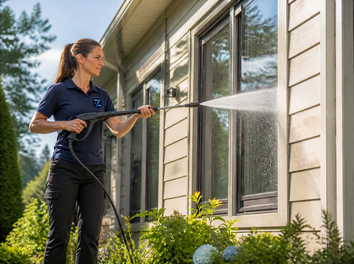 Pressure washing exterior low windows of a house